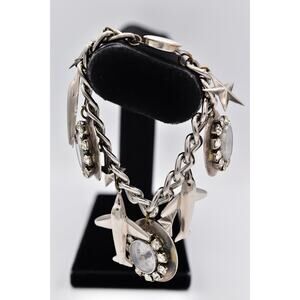 Vintage Airplane Charm Bracelet Compass Dial Rhinestone Silver Tone 1960s BinBR